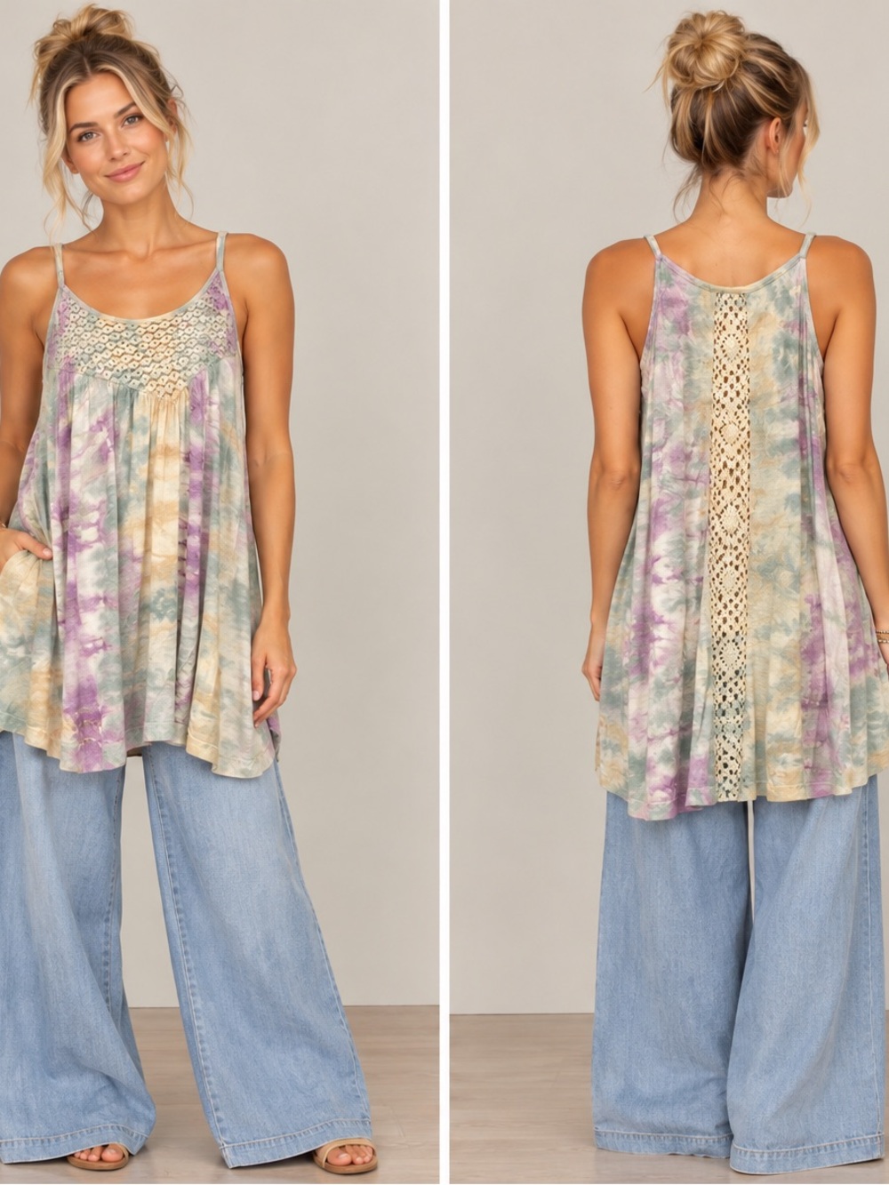 Jaded Gypsy Boho Tie-Dye Crochet Yoke Tank Top - Multicolor